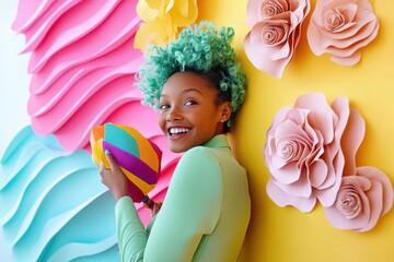 A giggly girl with mint-green curls joyfully flies a colorful kite in a sunny park.