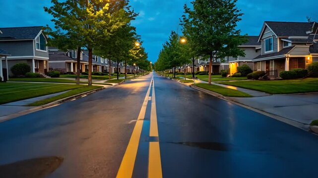 Residential neighborhood street at dusk with row houses and yellow road lines reflecting streetlights
