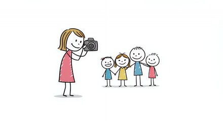 Stick Figure Family Photo: Mom Taking Picture of Kids on White Background