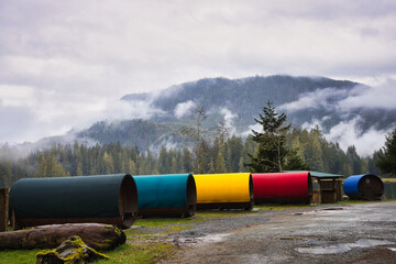Misty mountain lake with cabins. Lush forest surrounds tranquil water, vancouver island, british colombia, canada