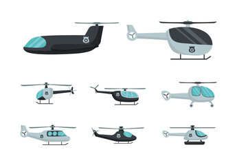 Grey Police Patrol Helicopter Collection Icons Set