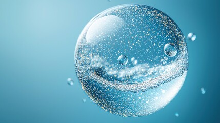 Aqua Sphere: A mesmerizing visual of a transparent sphere filled with shimmering water, bubbles, and suspended particles, evoking a sense of purity and serenity.