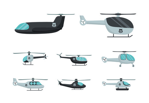 Grey Police Patrol Helicopter Collection Icons Set