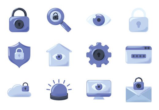Purple And Blue Cyber Data Protection Icons Set