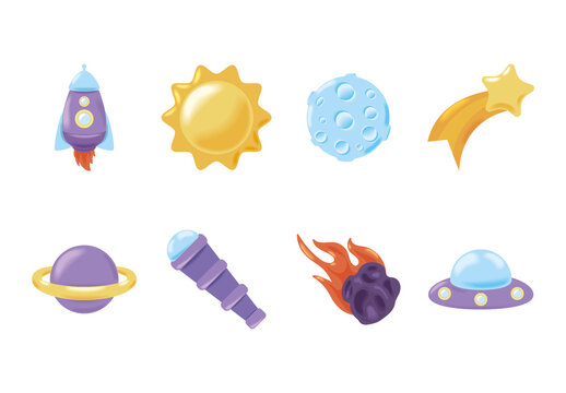 Purple And Yellow Cosmic Space Exploration Icons Set