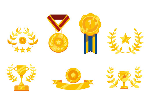 Yellow Award Medals Trophies Ribbons Celebration Icons Set