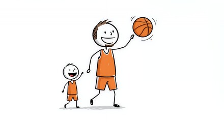 Fototapeta premium Stick Figure Father and Son Playing Basketball on White Background