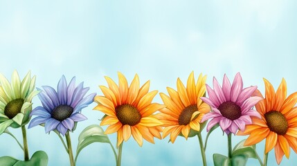 A stunning watercolor artwork of colorful sunflowers, with vibrant golden petals blending into a light blue background.