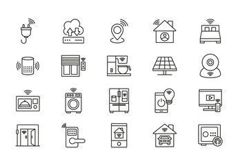 Black Outline Internet Connected Smart Home Icons Set
