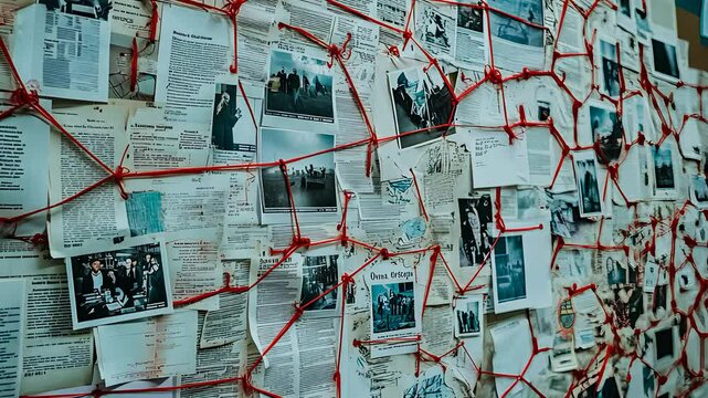 Crime Investigation Wall with Newspaper Clippings Connected by Red String

