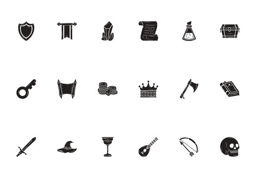 Black Outline Vintage Medieval Fantasy Icons Set