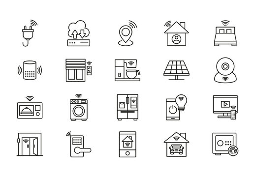 Black Outline Internet Connected Smart Home Icons Set