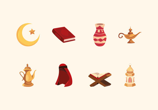 Red And Yellow Traditional Islam Culture Illustration Set