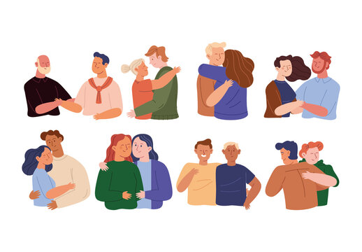 Colorful Friendly People Hugging Illustration Design Set