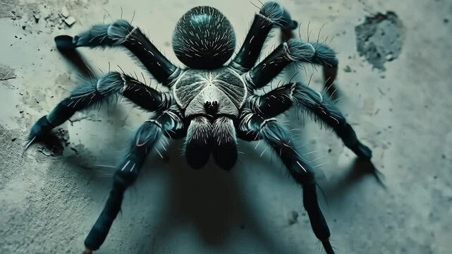 Detailed close-up of a large hairy spider with textured exoskeleton crawling on a concrete surface, focus on arthropod's body.