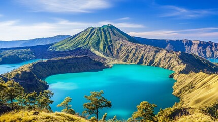 Naklejka premium Volcanic caldera with turquoise lake. Lush green slopes, dramatic peaks, and a vibrant blue lake nestled within the crater