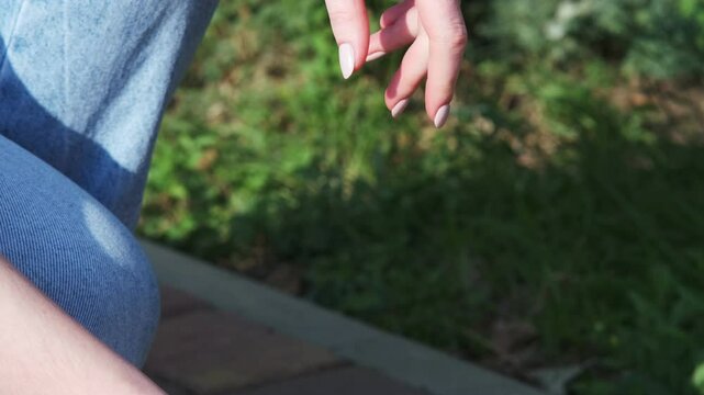 Girl unfolds a collapsible silicone bowl for animals and puts it down. Close-up. Traveling with animals. Walking on a sunny day in a city park. Care concept, animal life
