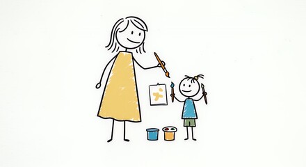 Stick Figure Mom and Child Painting on White Background