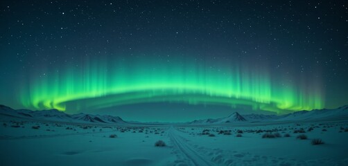 Vibrant Green Aurora Borealis over Snowy Arctic Landscape