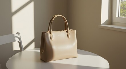 Beige tote bag with sunlit room.