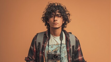 Obraz premium Person with curly hair glasses and camera wearing a backpack in studio.