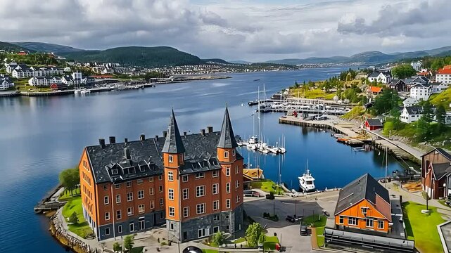 Scenic View of a Coastal Town with Harbor, Boats, and Historic Buildings

