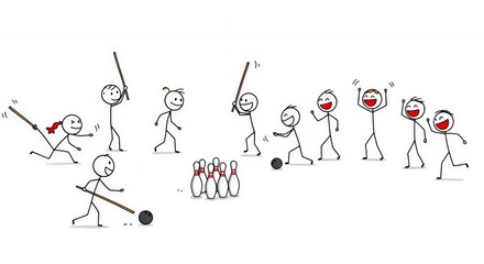 Stick Figures Playing Bowling Game White Background Illustration