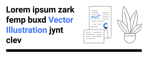 Business documents with charts and graphs alongside a potted plant setup. Ideal for productivity, office, data analysis, finance, reporting, workspace, flat landing page banner
