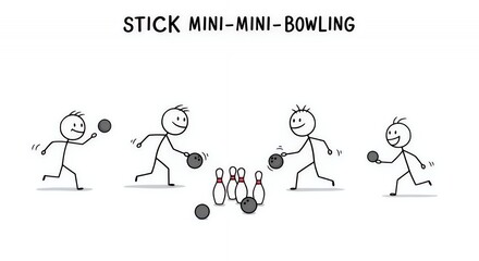 Stick Figures Playing Mini Bowling on White Background