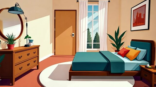 Cozy bedroom setting with bed, dresser, and nightstand. Ideal for interior design blogs, home decor ads, or real estate brochures