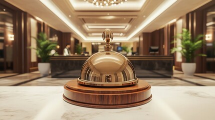 Elegant hotel reception bell on a marble counter with a luxurious lobby in the background