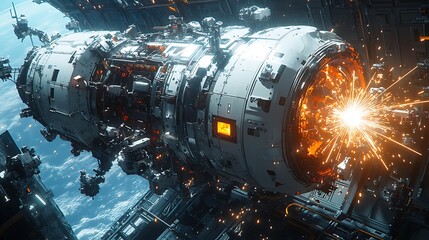AI-guided welding drones constructing a space station module, sparks floating in zero gravity under industrial LEDs