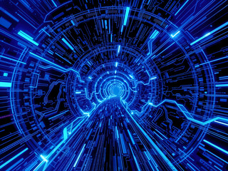 Symmetrical digital tunnel with blue glowing streaks, perfect for tech and cyberspace design. Generative AI