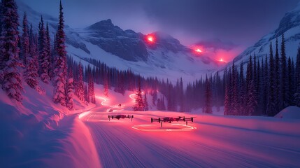 AI-powered avalanche prevention system, drone-triggered snow stabilizers, risk zones mapped in neon-red overlays