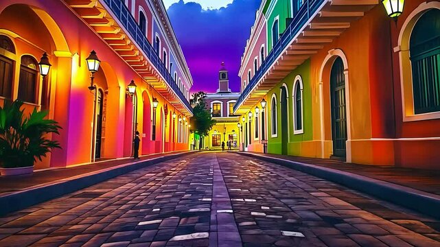 Colorful Street View at Sunset in Vibrant Historic Neighborhood

