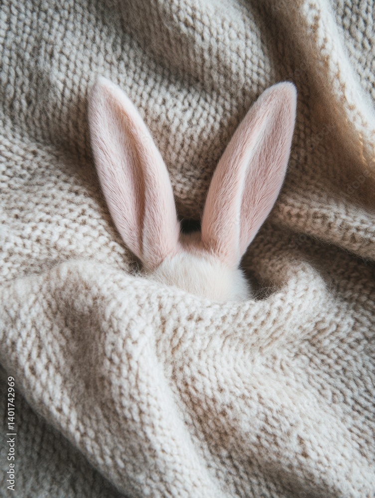 Poster cozy pastel bunny ears peek from a soft woolen blanket in a minimalist setting perfect for relaxatio