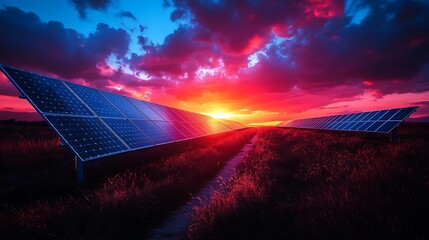 AI-powered streetlights adjusting brightness via motion sensors, solar panels charging under a twilight sky