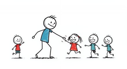 Black Line Stick Figure Family Playing Tag on White Background