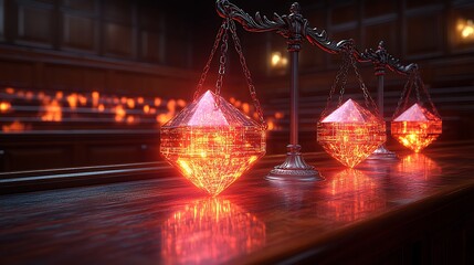 AI antitrust courtroom with data monopoly breakdowns, digital scales weighing innovation vs. fairness, evidence streams frozen in diamond code