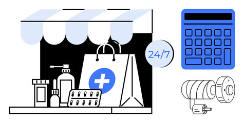 Medicine bottles, blister packs, and shopping bag under awning, 247 service tag, calculator, CCTV camera. Ideal for healthcare, online pharmacy, security retail e-commerce medication management