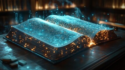 AI ghostwriting agency with novels generated from trending data, holographic manuscripts editing themselves, bestseller lists updating in real-time