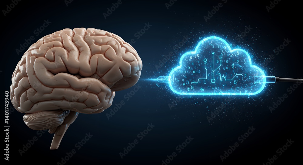 Aufkleber brain connected to cloud computing network for data transfer, artificial intelligence and machine le