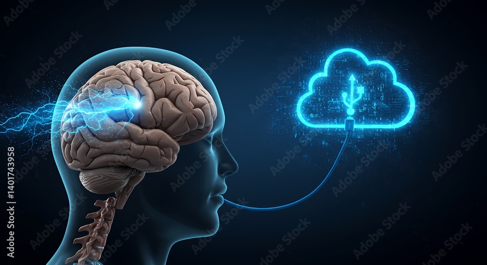 Poster brain connected to cloud computing with usb cable, representing data transfer and artificial intelli