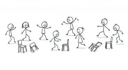 Playful Black Stick Figures Playing Musical Chairs on White Background