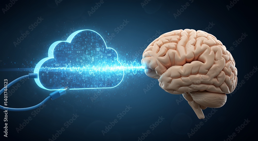 Aufkleber brain connecting to cloud computing system via usb cable illustrating artificial intelligence and ne