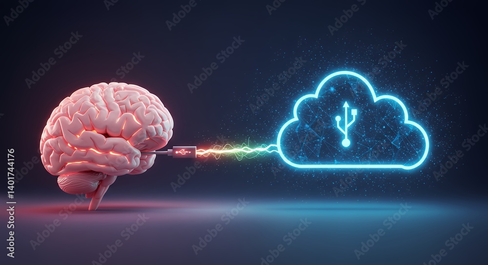 Aufkleber brain connecting to cloud via usb cable for data transfer and synchronization representing artificia