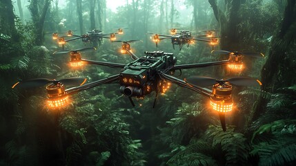 AI wildlife conservation drones tagging endangered species with glowing biometric trackers in a dense rainforest