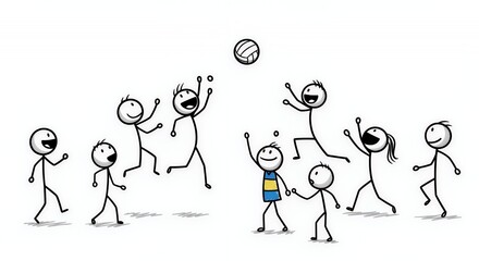 Playful Stick Figures Volleyball Game Sketch