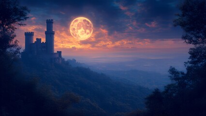 A fantasy scene where the full moon shines brightly on the castle