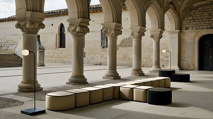Modular seating arrangement within a historical cloister.